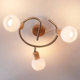 Plafondlamp Svenka, 3-lamps, rondel witte albast, licht hout, gesatineerd nikkel