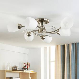 plafondlamp Tatas, Ø 64 cm, nikkel, 6-lamps, glas wit, mat nikkel