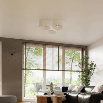 Plafondlamp Telesto, wit, Ø 35 cm, stof, hout, staal wit, houtkleurig