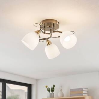 plafondlamp Thaddeus, Ø 44 cm, brons antiek, glas opaalwit, antiek messing