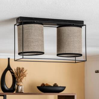 Plafondlamp Tubo, textiele kap, beige, 2-lamps zwart, beige