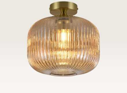 Plafondlamp Virello ambra - Lamp voor binnen, gemaakt van geribbeld amberkleurig glas en goud metaal - Zonder lichtbron