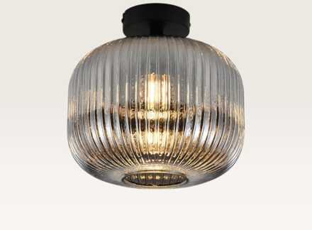 Plafondlamp Virello vetro fumé - Bol van geribbeld rookglas en zwarte drager van metaal - Zonder lichtbron