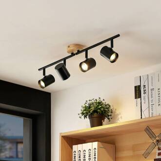 plafondlamp Xiomara, 4-lamps, 68 cm lang, hout zwart, licht hout