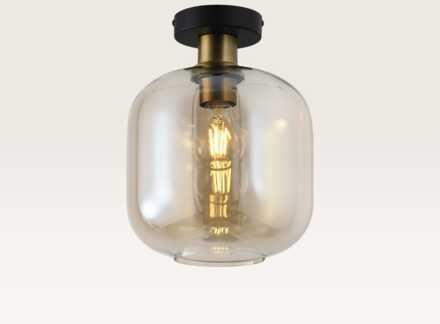 Plafondlamp Xirena ambra - Met een bol van amberkleurig glas en een zwarte metalen plafondplaat - Zonder lichtbron Zwart / Messing