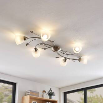 plafondlamp Yannie, 6-lamps, 106 cm, nikkel/wit, glas nikkel, wit