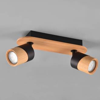 Plafondspot Aruni van hout, 2-lamps zwart zwart, licht hout