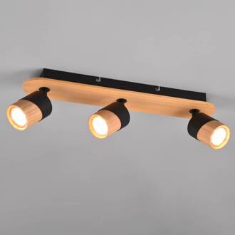 Plafondspot Aruni van hout, 3-lamps zwart zwart, licht hout