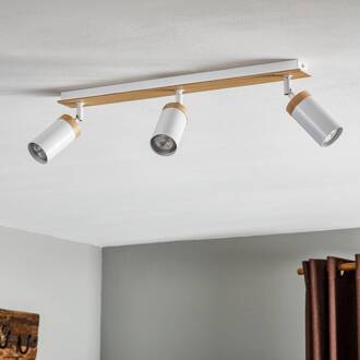 Plafondspot Elba met houten details, 3-lamps, wit wit, licht hout