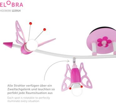 Plafondspot Falter voor kinderkamer, met 4 lampjes roze
