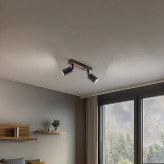 Plafondspot Subrin, notenhout, 2-lamps notenhout, zwart