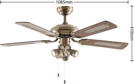 plafondventilator met verlichting Anariki, stil, messing messing, eikenhout