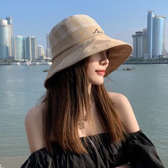 Plaid Emmer Hoeden Vrouwen Zomer Zonnebrandcrème Panama Hoed Brede Rand Opvouwbare Anti-Uv Zon Caps Outdoor Reizen Visser Hoed Strand Cap khaki