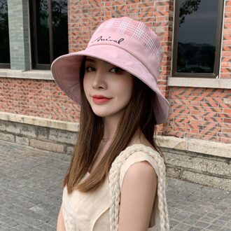 Plaid Emmer Hoeden Vrouwen Zomer Zonnebrandcrème Panama Hoed Brede Rand Opvouwbare Anti-Uv Zon Caps Outdoor Reizen Visser Hoed Strand Cap roze