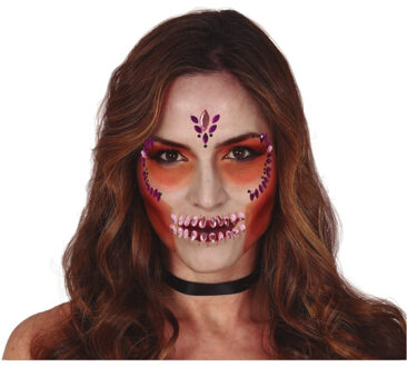 Plak diamantjes schedel/sugarskull gezicht versiering lila paars Multi