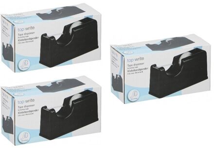 Plakband dispenser - 3x - zwart - 15 x 6 x 7 cm - inclusief plakband rol