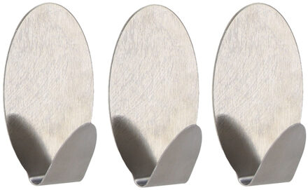Plakhaakje ovaal - 4 x 3,5 x 7 cm - Zelfklevende ophang haakjes - 3x stuks - RVS - zilver