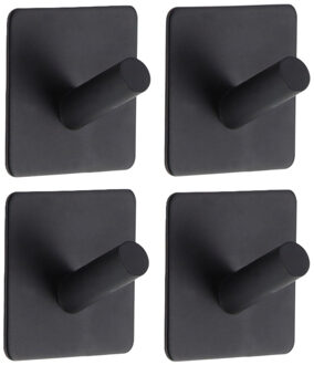 Plakhaakje vierkant - 5 x 3 x 5 cm - zwart - Zelfklevende ophang haakjes - 4x stuks - Metaal