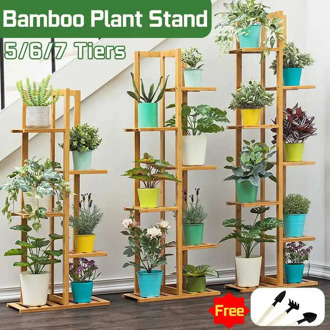 Plant Shelves Bamboo Potted Plant Stand Rack Multiple Flower Pot Holder Shelf Indoor Outdoor Planter Display Shelf Organizer