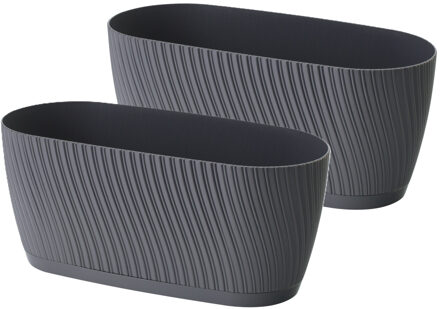 Plantenbak/bloembak Waves - 2x - kunststof - antraciet - D27 x B12 x H12 cm - ovaal
