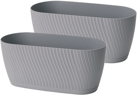 Plantenbak/bloembak Waves - 2x - kunststof - platina grijs - D27 x B12 x H12 cm - ovaal