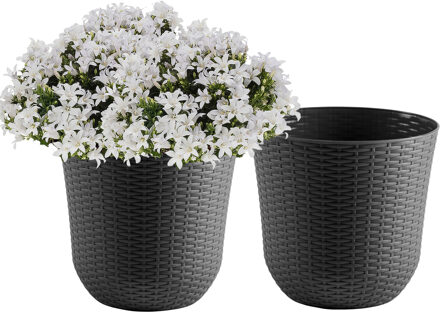 Plantenpot - 2x - D32 x H30 cm - grijs - rotan kunststof - bloempot