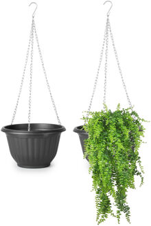 Plantenpot - 2x - hangend - kunststof - antraciet - D20 x H12 cm - bloempot aan ketting