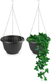 Plantenpot - 2x - hangend - kunststof - antraciet - D25 x H15 cm - bloempot aan ketting
