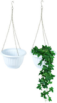 Plantenpot - 2x - hangend - kunststof - wit - D20 x H12 cm - bloempot aan ketting