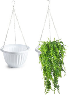 Plantenpot - 2x - hangend - kunststof - wit - D25 x H15 cm - bloempot aan ketting