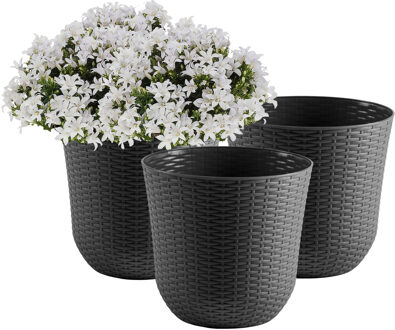 Plantenpot - 3x - D32 x H30 cm - grijs - rotan kunststof - bloempot