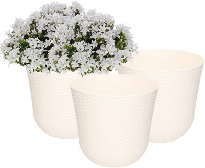 Plantenpot - 3x - wit - rotan kunststof - D25 x H23 cm - bloempot
