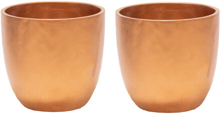 Plantenpot/bloempot - 2x - keramiek - brons - bladmotief - D14 x H13 cm - Plantenpotten Bruin