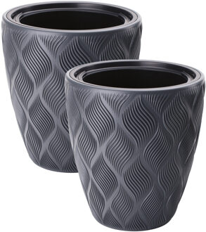 Plantenpot/bloempot Flow - 2x - kunststof - antraciet - D30 x H32 cm - met binnenpot