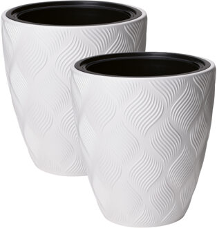 Plantenpot/bloempot Flow - 2x - kunststof - ivoor wit - D30 x H32 cm - met binnenpot