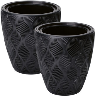 Plantenpot/bloempot Flow - 2x - kunststof - zwart - D30 x H32 cm - met binnenpot