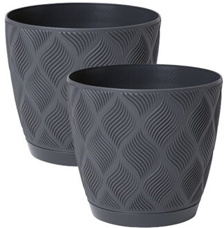 Plantenpot/bloempot New Age - 2x - kunststof - antraciet - D19 x H17 cm - met schotel