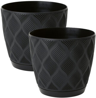 Plantenpot/bloempot New Age - 2x - kunststof - zwart - D15 x H14 cm