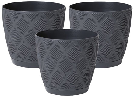 Plantenpot/bloempot New Age - 3x - kunststof - antraciet - D15 x H14 cm - met schotel