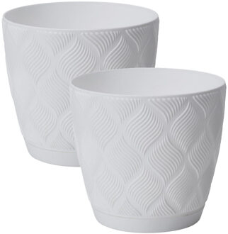 Plantenpot/bloempot New Age - 3x - kunststof - ivoor wit - D13 x H12 cm - met schotel