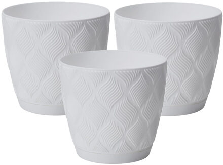 Plantenpot/bloempot New Age - 3x - kunststof - ivoor wit - D15 x H14 cm - met schotel