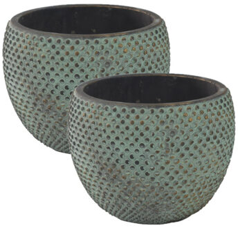 Plantenpot/bloempot stijlvol motief blauw/goud D16 en H12 cm - 2x - Plantenpotten