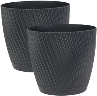 Plantenpot/bloempot Waves - 2x - kunststof - antraciet - D27 x H24 cm - met schotel