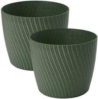 Plantenpot/bloempot Waves - 2x - kunststof - donkergroen - D15 x H12 cm