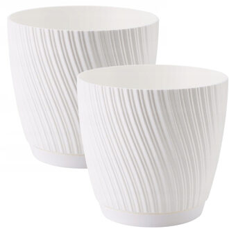 Plantenpot/bloempot Waves - 2x - kunststof - ivoor wit - D27 x H24 cm - met schotel