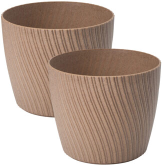 Plantenpot/bloempot Waves - 2x - kunststof - lichtbruin - D27 x H23 cm