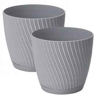Plantenpot/bloempot Waves - 2x - kunststof - platina grijs - D15 x H14 cm