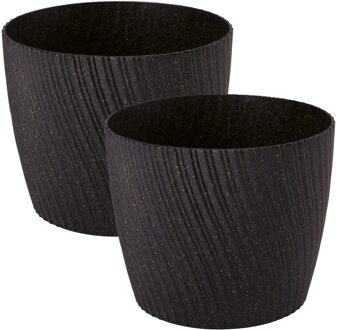 Plantenpot/bloempot Waves - 2x - kunststof - zwart - D27 x H23 cm