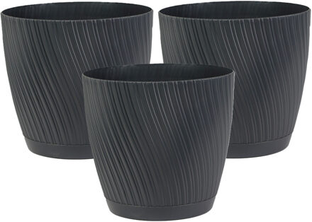 Plantenpot/bloempot Waves - 3x - kunststof - antraciet - D17 x H15 cm - met schotel