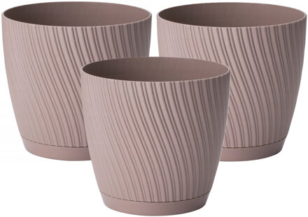 Plantenpot/bloempot Waves - 3x - kunststof - beige - D17 x H15 cm